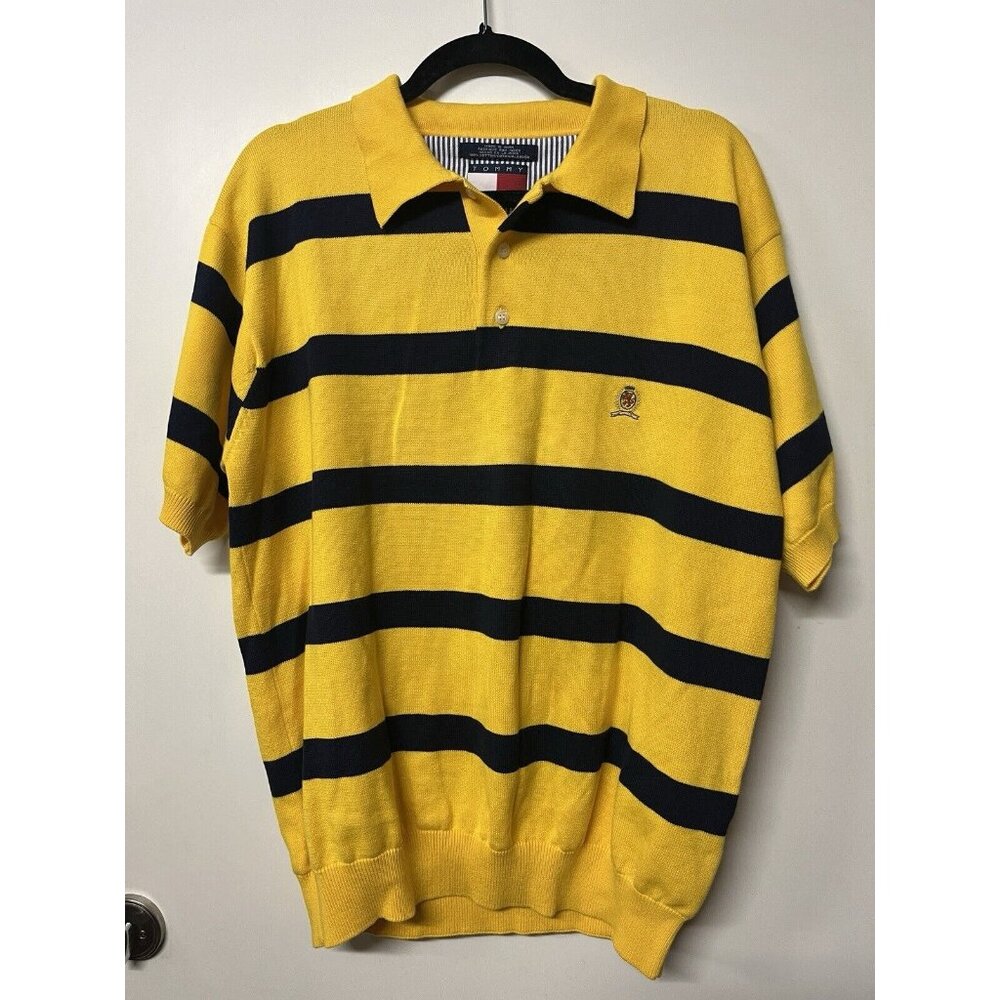 Tommy Hilfiger Polo Shirt Men Large Yellow Blue Stripes Logo Golf Ribbed Waist